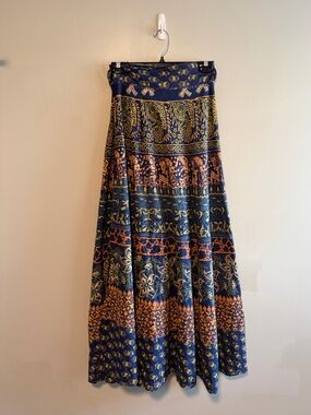 Vintage 70s Indian Block Print Wrap Maxi Skirt Boho Festival One Size
